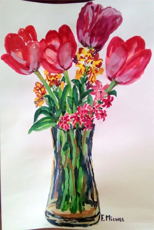 Bouquet de tulipes, giroflées et jacinthes